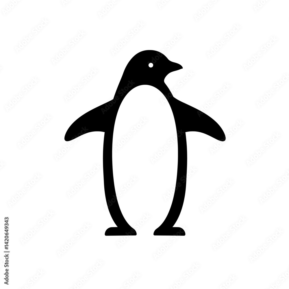 Fototapeta premium Penguin silhouette icon in solid black vector style with upright stance and open flippers in minimal design