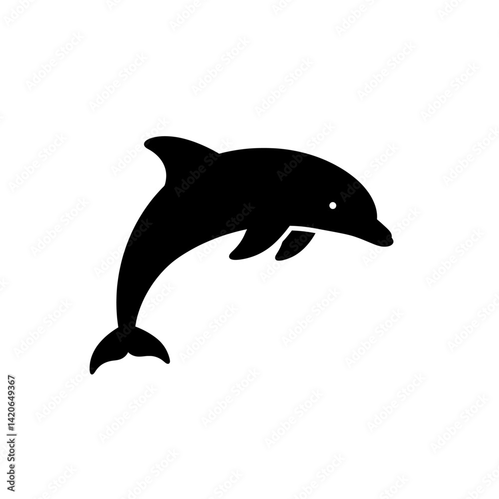 Fototapeta premium Minimalist black silhouette vector icon of a dolphin leaping with curved body and fin in flat design