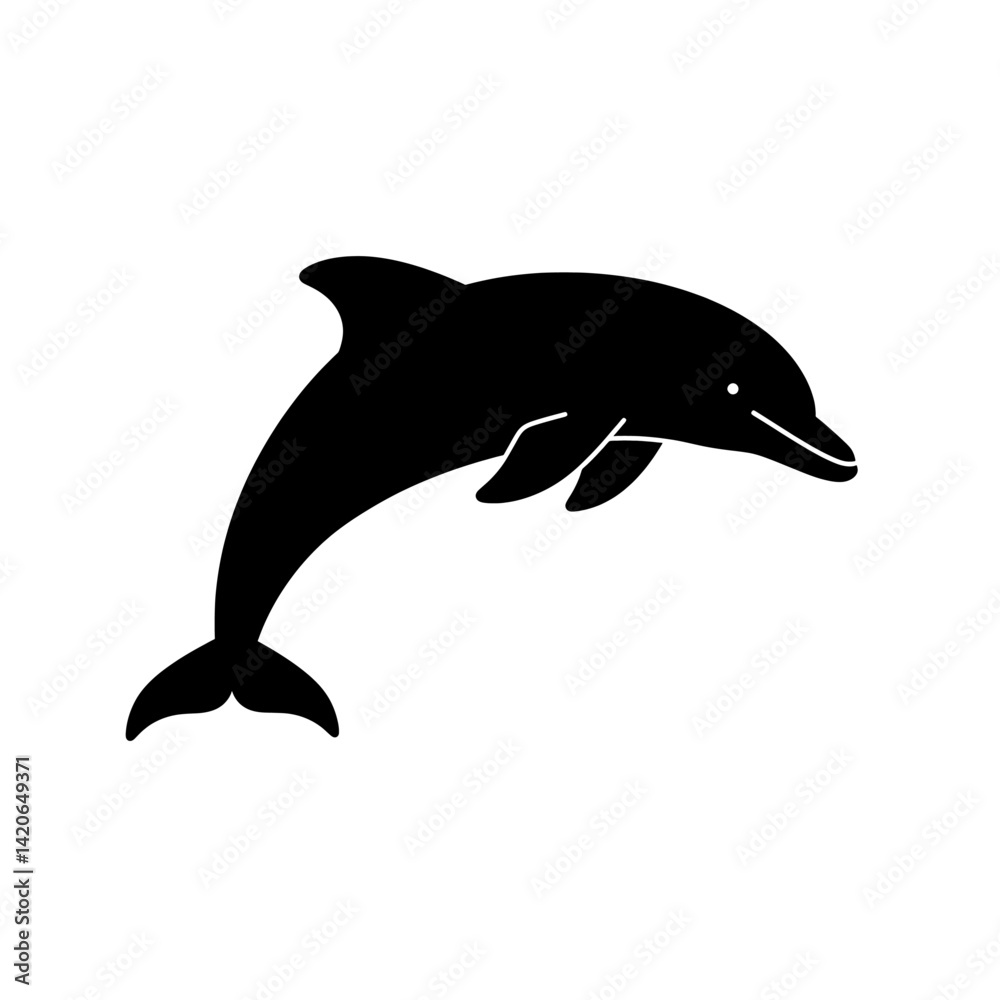 Fototapeta premium Black vector dolphin icon in silhouette style showing curved leap and dorsal fin in simple flat style