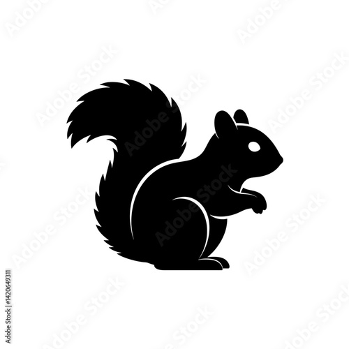 Black silhouette vector icon of a squirrel with large curved tail and small paws in minimalist flat style