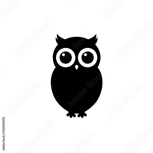 Solid black silhouette vector icon of an owl perched with wide eyes and ear tufts in minimalist style