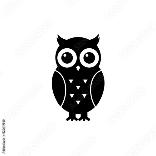 Minimal owl icon in black silhouette with perched stance and large circular eyes in flat vector design