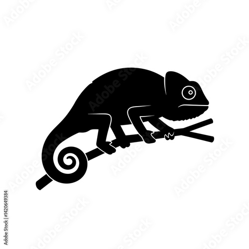 Black vector silhouette icon of a chameleon with curled tail and arched body sitting on a branch