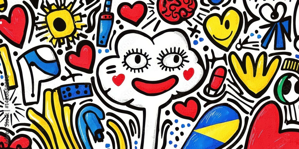 Fototapeta premium A vibrant, colorful pattern featuring playful doodles and cheerful motifs.