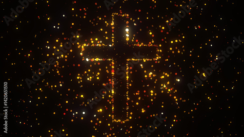 Glowing Christian cross composed of golden fiery light particles symbolizing faith, salvation, and divine spiritual power in Christianity.