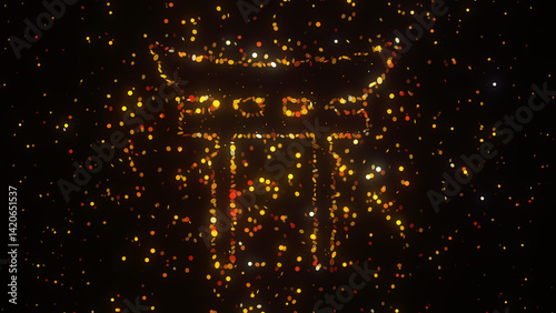 Japanese Torii gate glowing in a sea of floating light particles, representing the entrance to sacred spaces in Shinto belief and culture.