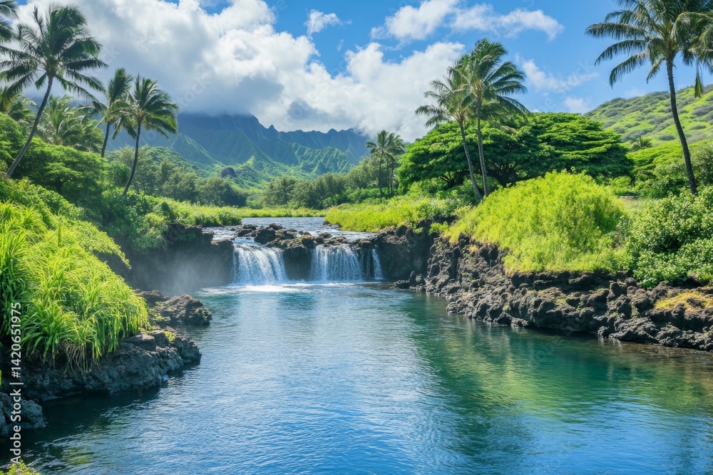 Fototapeta premium Lush tropical waterfall cascading into a tranquil pool, surrounded by lush greenery and mountains
