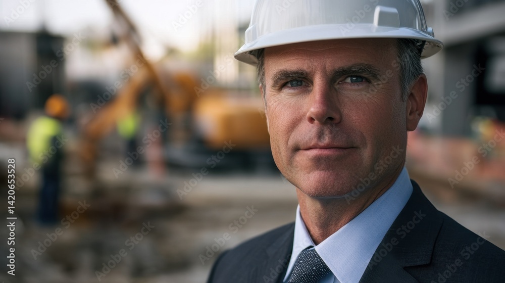 Confident male construction manager in formal suit and safety helmet at construction site overseeing project with machinery and workers in the background Confident male construction manager in formal suit and safety helmet at construction site overseeing project with machinery and workers in the background