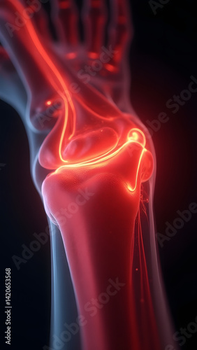 A wrist flexor tendon glowing red/pearl in carpal tunnel. Ideal for ergonomic studies.