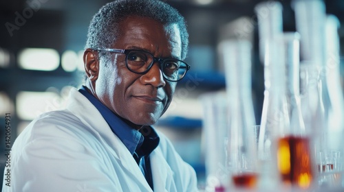 Professional African American Scientist in Laboratory Wearing Glasses Surrounded by Laboratory Glassware and Colorful Liquids in Research Environment