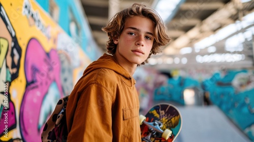 Young boy with skateboard in urban skate park with vibrant graffiti background, wearing hoodie and backpack, showcasing youthful energy and style