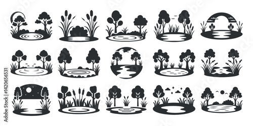A collection of black silhouette trees and lakes showing different natural scenes with reflections and various shapes of water bodies