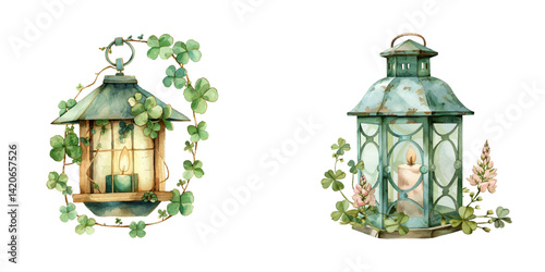 clover lantern watercolor vector illustration