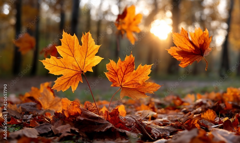 Autumn leaves dancing in the golden light Autumn leaves dancing in the golden light