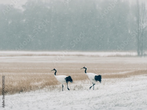 Red-Crowned Cranes in Snowy Hokkaido Field