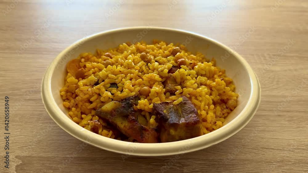 A vibrant and colorful bowl filled with delicious yellow rice, mixed fresh vegetables, and tender, juicy meat A vibrant and colorful bowl filled with delicious yellow rice, mixed fresh vegetables, and tender, juicy meat