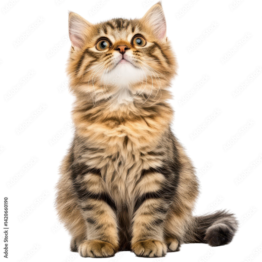 Obraz premium Cute and Fluffy Cat with Bright Eyes Sitting Gracefully Against a White Background