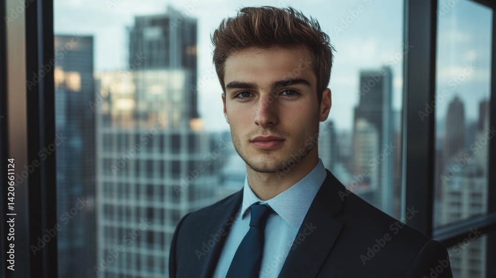 Fototapeta premium Young Business Professional in Modern Office Environment with City Skyline Background, Exuding Confidence and Ambition, Wearing Suit and Tie