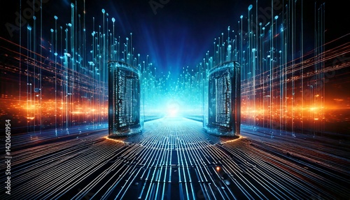 Quantum Computing Illustration with Glowing Gates and Matrix Code Flow