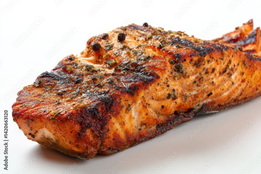 studio photo of a grilled salmon fillet on a white background, isolated studio photo of a grilled salmon fillet on a white background, isolated