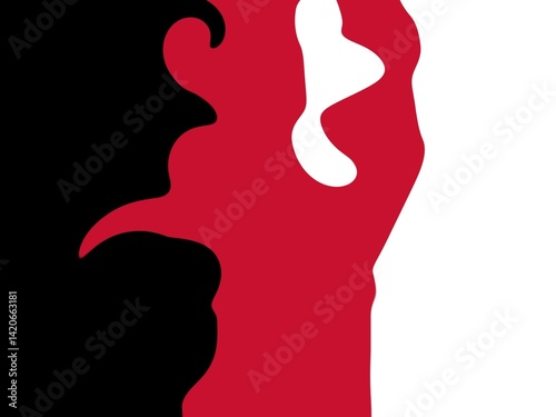An abstract background with bold, organic shapes in black, red, and white. The design is asymmetrical and evokes a sense of movement or fluidity. photo
