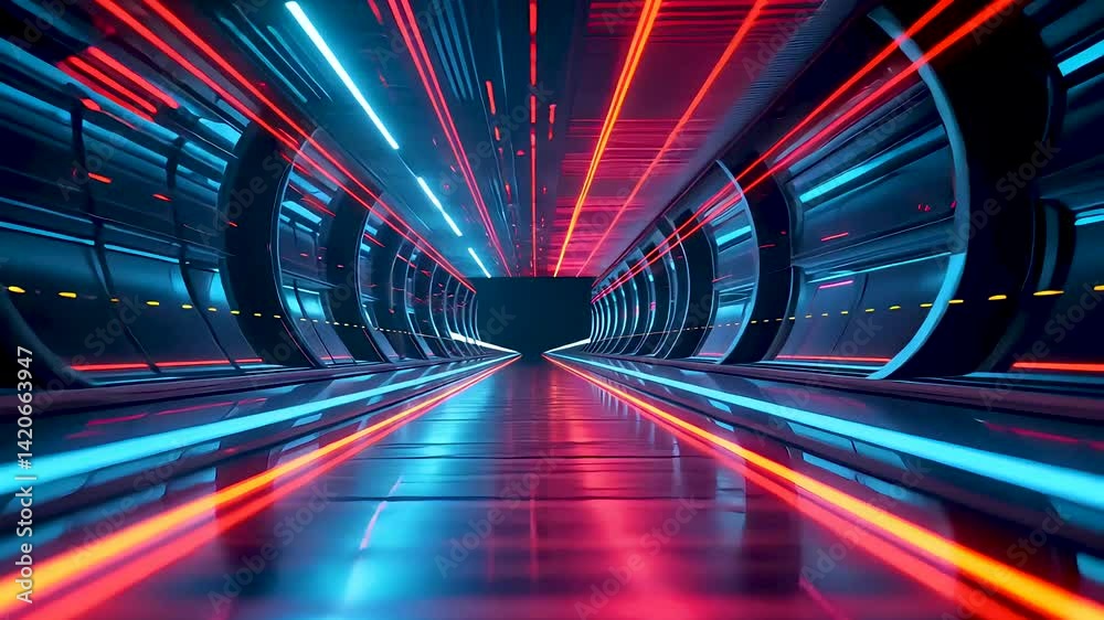 Sci-fi glowing tunnel with red and blue neon trails and mirrored reflections
