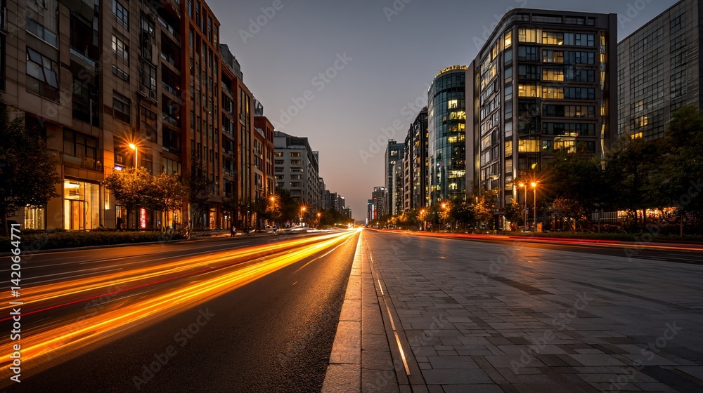 Obraz premium City street at twilight with blurred car lights