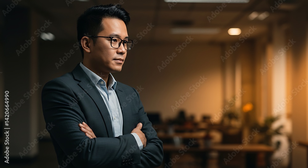 Fototapeta premium Confident Businessman in Dark Suit Posing in Office at Night