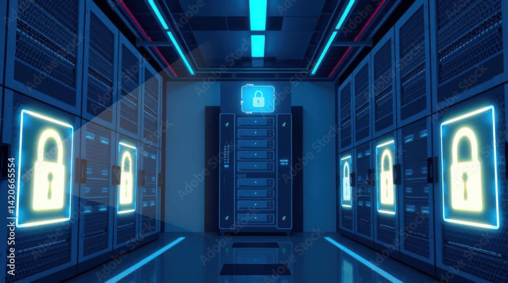 Naklejka premium Secure data center with server racks and glowing lock icons protecting data
