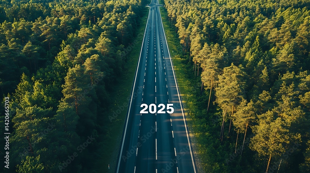 custom made wallpaper toronto digitalRoad to 2025 Through a Forest at Sunset, A long straight road stretches into the distance through a lush green forest