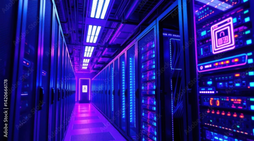Server room illuminated with neon lights and cutting edge technology Server room illuminated with neon lights and cutting edge technology