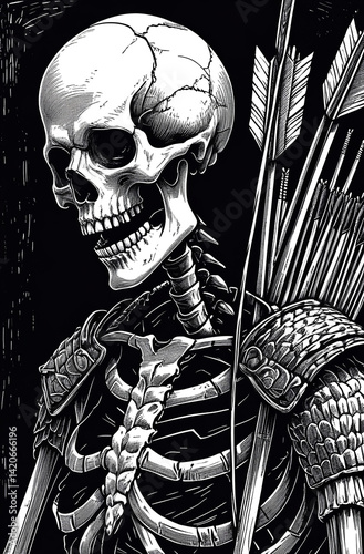 Intricate Black and White Skeleton Archer Stock Image
