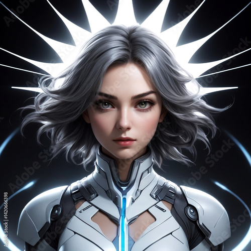 Close-up of a futuristic female character with a celestial crown.