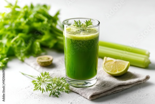 studio photo of a green detox juice on a white background, isolated