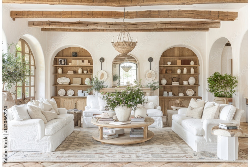 Fototapeta premium A stylish and inviting living room with white sofas, wooden shelves, decorative items, and greenery, creating a cozy and modern atmosphere.