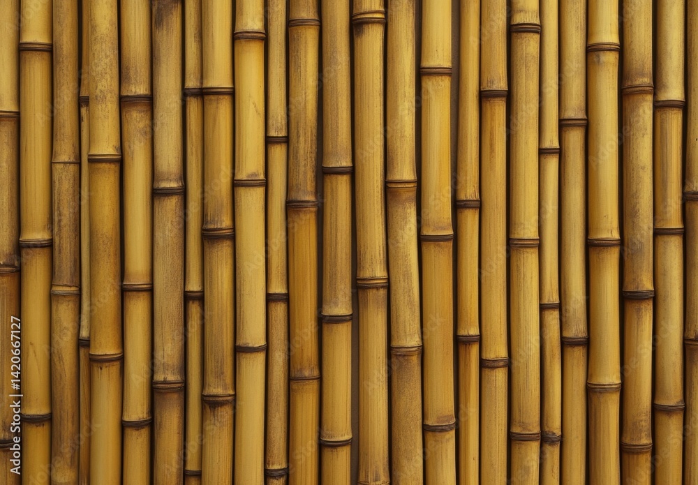 Fototapeta premium Natural bamboo wall texture. Close-up view of a dense bamboo fence. Warm, golden hues