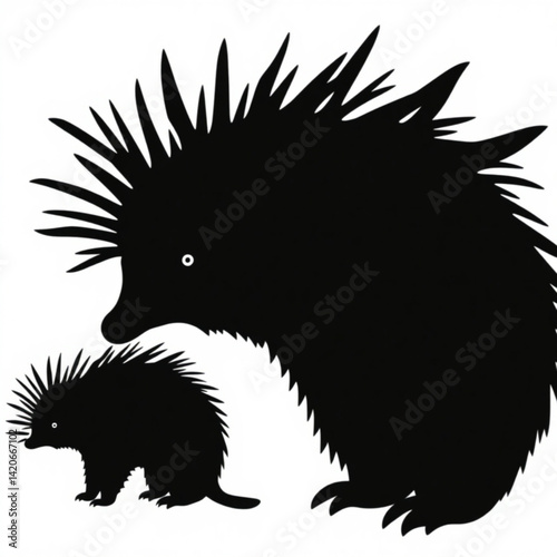 Two echidnas in black silhouette art