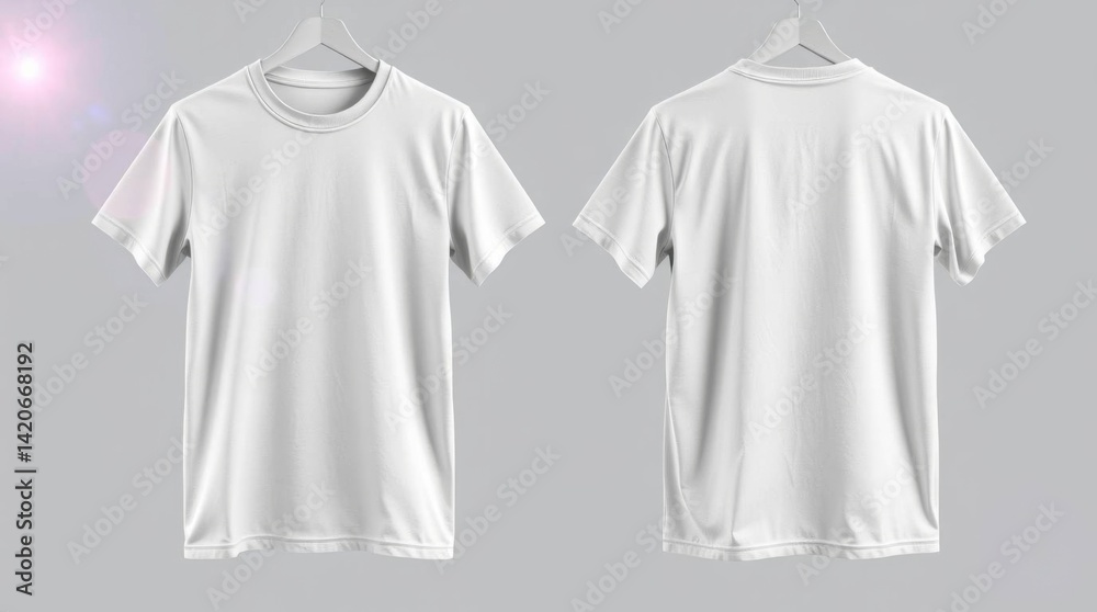Two white t-shirts hanging on hangers mockup front and back view Two white t-shirts hanging on hangers mockup front and back view