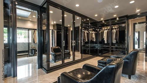 Luxurious black walk-in closet with mirrored doors, stylish seating, and city views photo