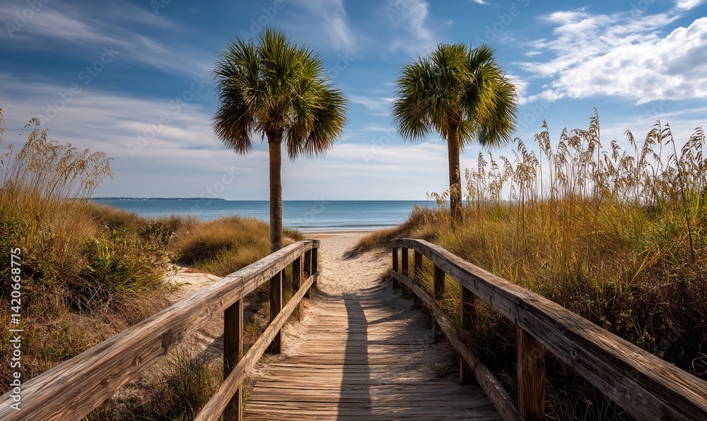 Obraz premium Coastal walkway leading to a serene beach