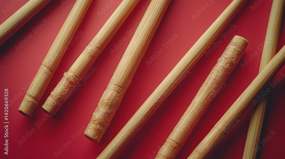 Bamboo Chopsticks on Red Background: A Close-Up Still Life Bamboo Chopsticks on Red Background: A Close-Up Still Life
