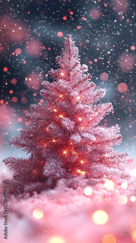 Christmas Photo Of A Pink Tree With Lights In A Winter Wonderland Ambiance