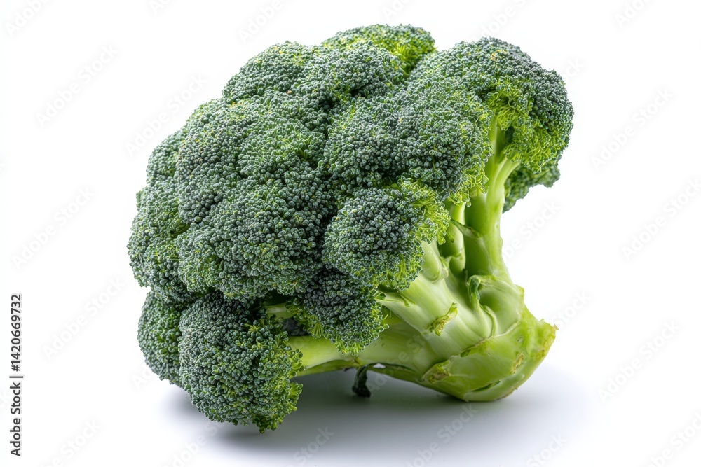 High quality studio photo of a single fresh broccoli, isolated on white background, suitable for culinary or ingredient concepts. High quality studio photo of a single fresh broccoli, isolated on white background, suitable for culinary or ingredient concepts.
