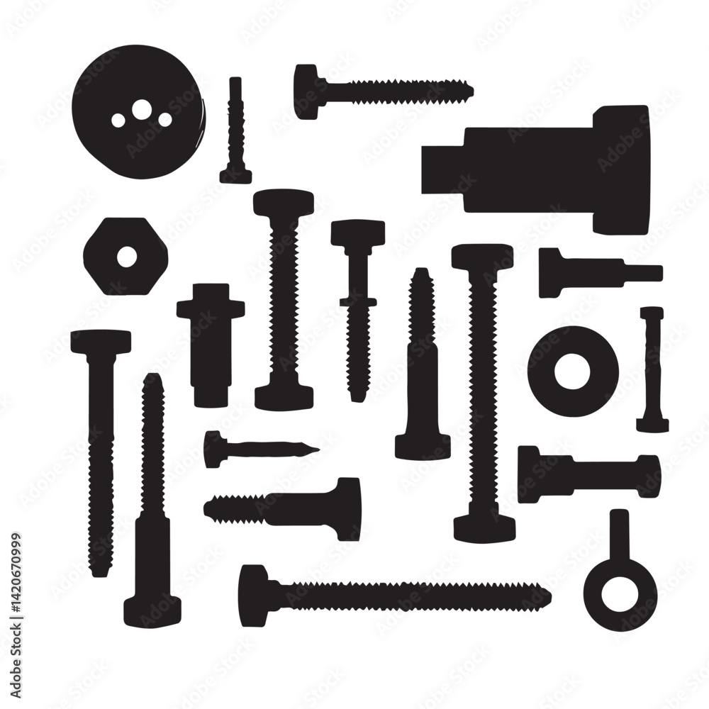 Obraz premium Black silhouette of wall plugs bolts nuts and screws white background. White Background.