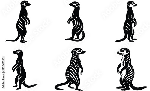 Meerkat standing on hind leg silhouette black vector art set design