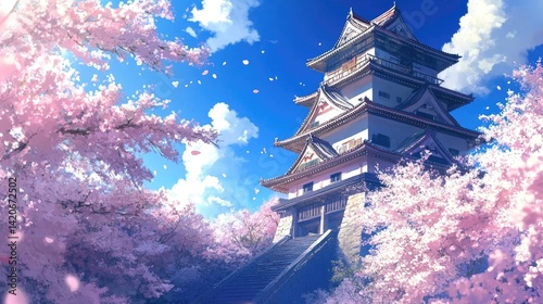 View of Hirosaki Castle tower rising above pink cherry blossoms under a blue sky