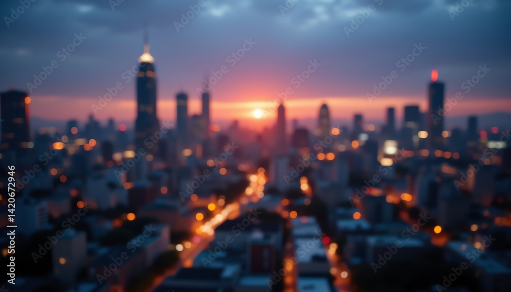 Fototapeta premium Blurred city skyline at sunset with vibrant hues.