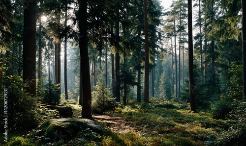 Dense forest path bathed in morning light