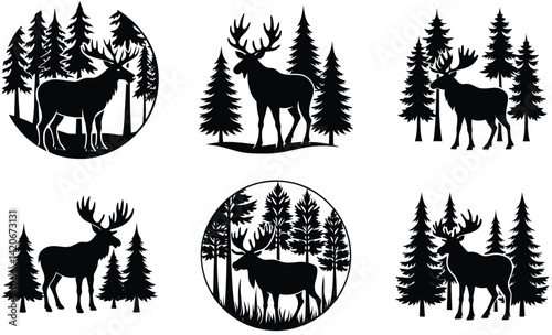 Moose in deep forest silhouette black vector art design set