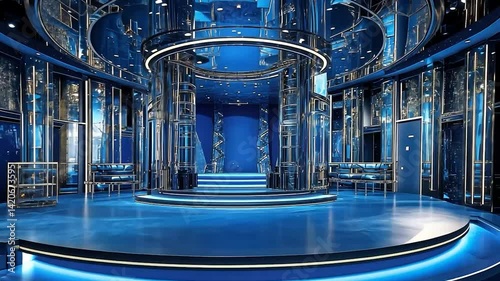 Luxurious Blue Stage Interior with Mirrored Ceiling